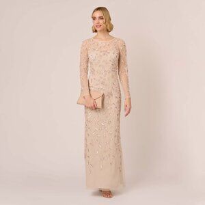 Adrianna Papell Illusion Floral Beaded Gown With Sheer Long Sleeves In Latte Siz